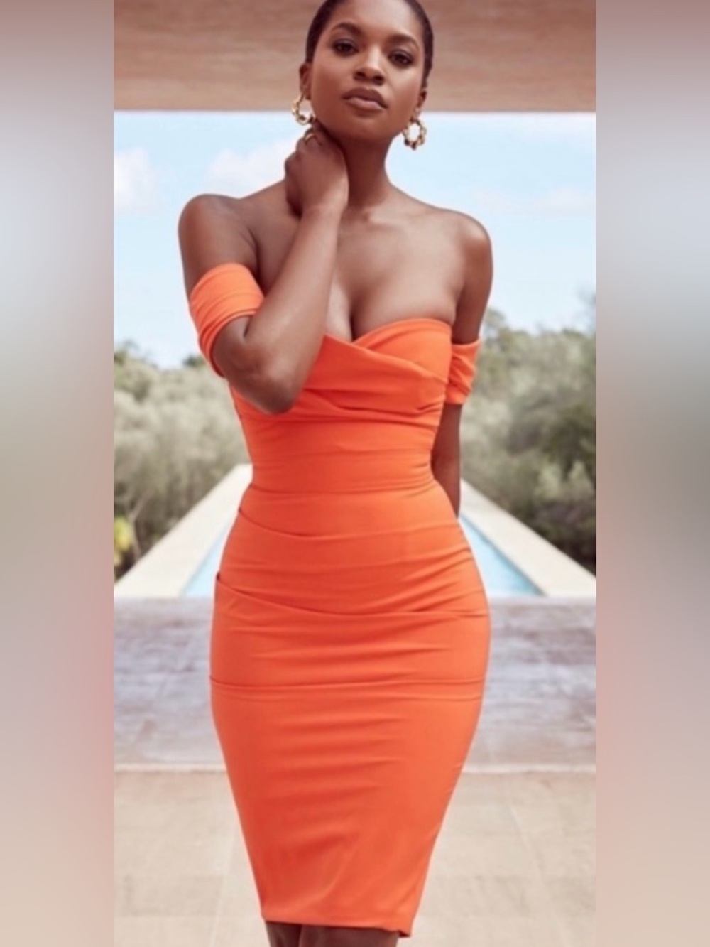 New House Of CB London Anaelle Orange Off The Shoulder Bodycon Knee Length Dress